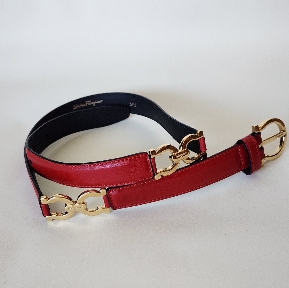 Salvatore Ferragamo Red Leather Belt with Gold Gancini Hardware